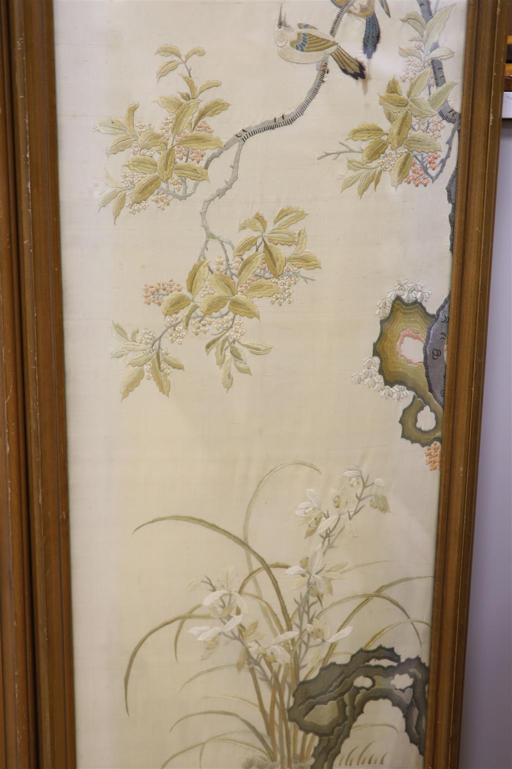 Two Japanese embroidered panels, width 34.5cm height 134cm